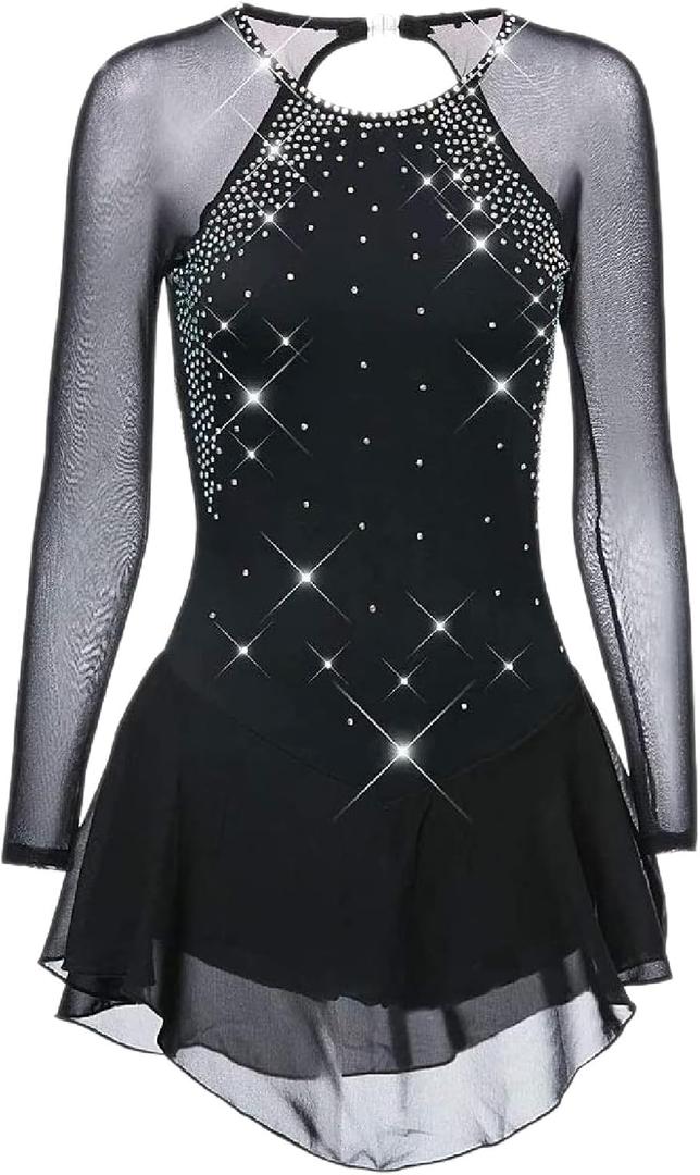 Figure Skating Dress Women Girls' Training Competition High Elastic Skating Wear (Small, Black)