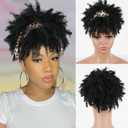 Aisaide Black Short Afro Headband Wigs for Women Synthetic Afro Kinky Curly Headband Wig with Bangs for Black Women Natural Afro Puff with Bangs Turban Wrap-Wig (4 Inch, Figured Cloth/Black#)
