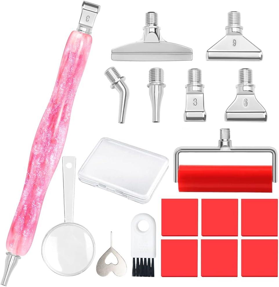 Praise V Do Diamond Painting Art Drill Pen Kit with Screw Stainless Steel Rose Metal Tip Nibs Placers Roller Tool Accessories, Ergonomic Diamond Art Pen for 5D Diamond Paint Bead Dot Pink