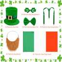 Leprechaun Costume Set, St Patricks Day Hat Flag Cape Glasses Suspenders Beard Bow Tie for Adult (Green)
