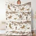 Western Cowboy Throw Blankets, Vintage Wild West Flannel Warm Soft Cozy Fluffy Bed Couch Blanket, Country American Theme White Fleece Throws to Decoration The Room and Bedroom 50 x 60