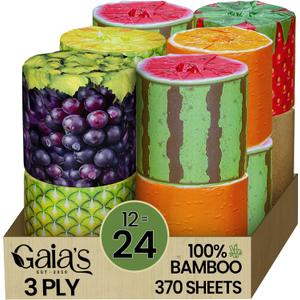 Gaias Premium and Soft Fruit TP Organic Bamboo Toilet Paper | 12 Mega Rolls, 3 Ply, 370 Sheets | FSC Certified, PFAS & BPA Free, Eco-Friendly, Sustainable Tissue - Plastic Free, Septic Safe, Vegan