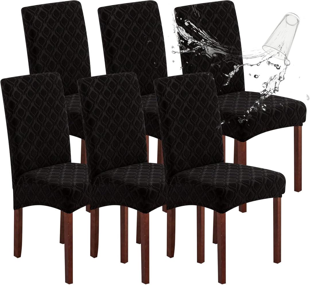 Genina Waterproof Chair Covers for Dining Room, Stretch Jacquard Dining Chair Slipcovers Removable Washable Chair Protector for Kitchen, Hotel, Restaurant (Jacquard-Black, 6 PCS)