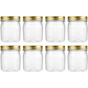 novelinks 8 oz Clear Plastic Jars with Airtight Lids, 8 Pack Plastic Mason Jars with Lids 8oz, Refillable Storage Slime Containers & Small Spice Jar for Kitchen Organization (8 Pack,Gold)