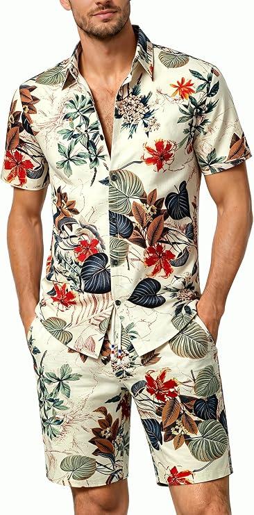 JOGAL Men's Flower Casual Button Down Short Sleeve Hawaiian Shirt Suits XX-Large White