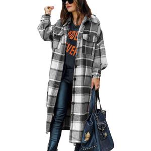 PUWEI Women's Casual Lapel Button Down Long Plaid Shirt Coat Tartan Shacket Jacket (Medium, #1 Grey)