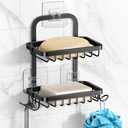 2 Tier Soap Bar Holder for Shower, Aluminum Wall Mounted Rustproof Soap Holder with 4 Hooks and Razor Holder, Shower Rack Soap Tray Bar Soap for Bathroom Accessories Organizer Black