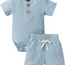 Ledy Champswiin Summer Newborn Baby Boy Girl Clothes Set Ribbed Outfits Unisex Infant Solid Short Sleeve Tops Shorts 2PCS (12-18 Months)