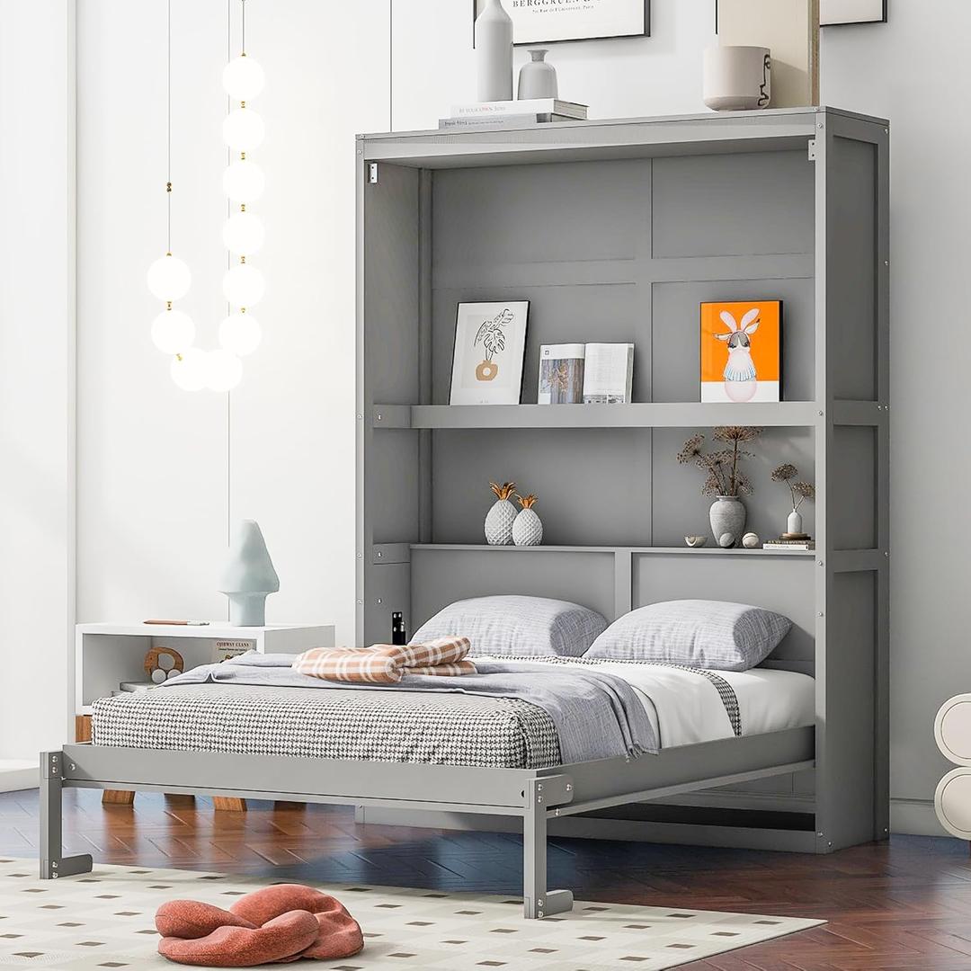 Full Size Murphy Bed Wall Bed with Shelves Full Bed Frame,Space-Saving Wall Bed with Cabinet, Drawers and Storage Shelves for Multipurpose Guest Room or Home Office,Gray