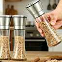 Glass Salt and Pepper Grinder Set of 2 - Manual Adjustable Coarseness Refillable Mills with Ceramic Core, 190ML Large Capacity, Stainless Steel Top Clear Glass for Kitchen Cooking & BBQ