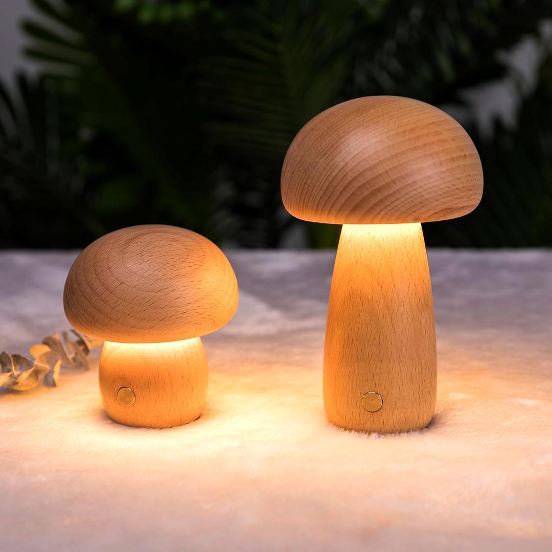 Mushroom-Night-Lights Rechargeable, Cordless Wooden Mushroom Table Lamps, Portable Desk Lamps for Bedroom, Studyroom, Living Room, Office, Birthday Gifts(2 Packs)