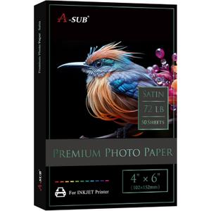 A-SUB Premium Photo Paper Satin 4x6 72lb for Inkjet Printers 50 Sheets, Single Sided