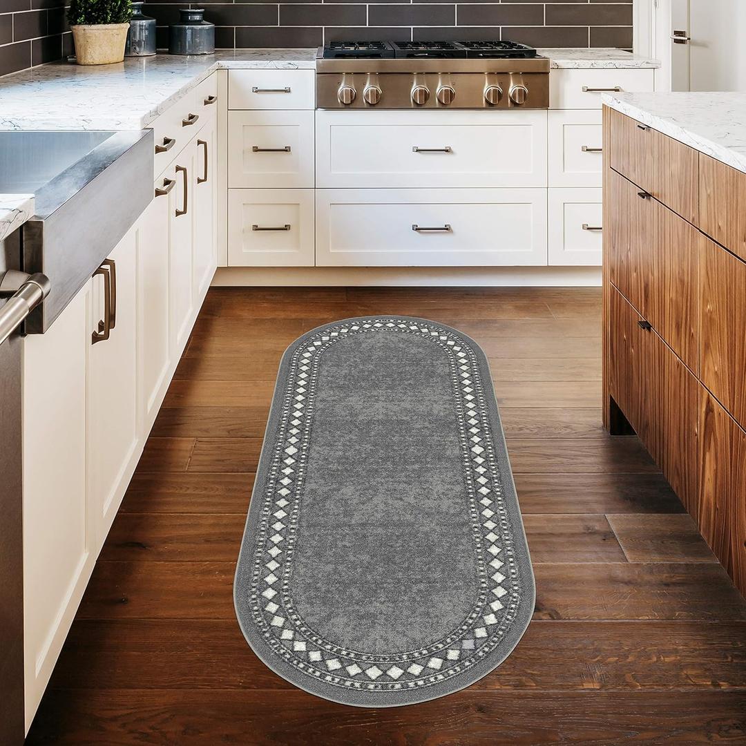 Antep Rugs Alfombras Modern Bordered 2x5 Non-Skid (Non-Slip) Low Profile Pile Rubber Backing Kitchen Area Rugs (Gray, 2' x 5' Oval) (Grey)