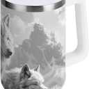 Nander 40oz Wolf Pack Family Tumbler with Handle and Straw Lid,Insulated Coffee Cup Reusable Stainless Steel Water Bottle Travel Mug Cupholder,Keeps Cold or Hot