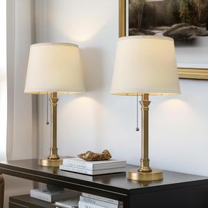 Oneach 19.5 Warm Gold Table Lamps Set of 2, Pull Chain Switch Bedside Table Lamps, Modern Nightstand Lamp with Linen Shade, Small Desk Lamp for Living Room, Bedroom, Home Office, Nursery