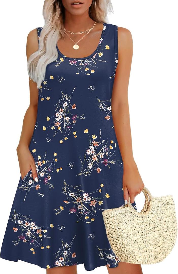 WEESO Womens Summer Dresses Loose U Neck Sleeveless Sundresses Dress with Pockets, Size: L