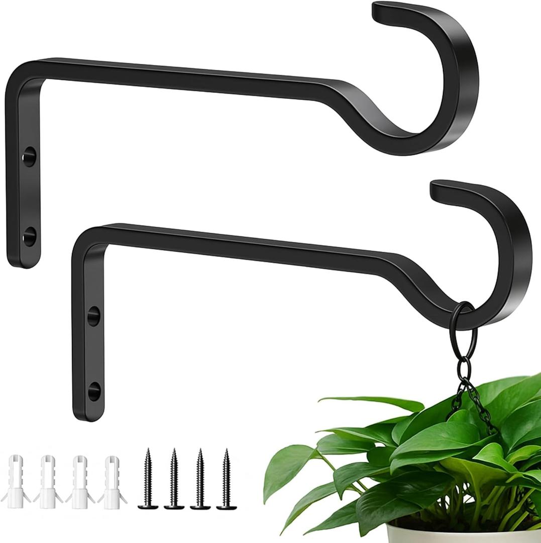 Saffruff Heavy Duty Plant Hooks for Wall: 6-Inch 2 Pack Plant Hangers Outdoor, Hold 35lb, Bird Feeder Hanger for Outside, Iron Planter Brackets for Hanging Baskets, Wind Chime, Lantern, Metal - Black