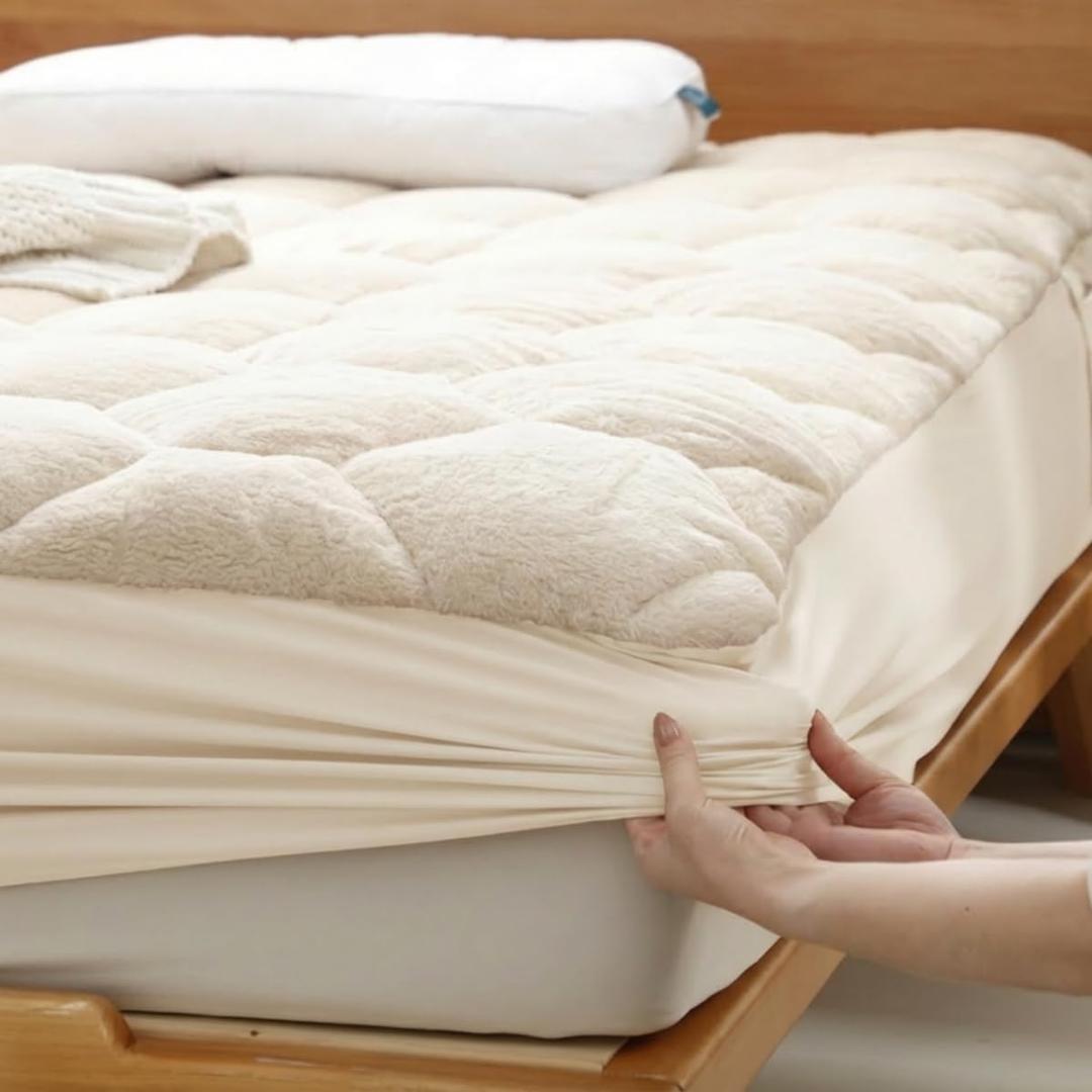 Faux Fur Fitted Mattress Pad Quilted Bottom Sheet, Fluffy Mattress Protector Cover, Luxury Soft Fitted Sheet Mattress Topper with 8-21" Deep Pocket Queen (White)