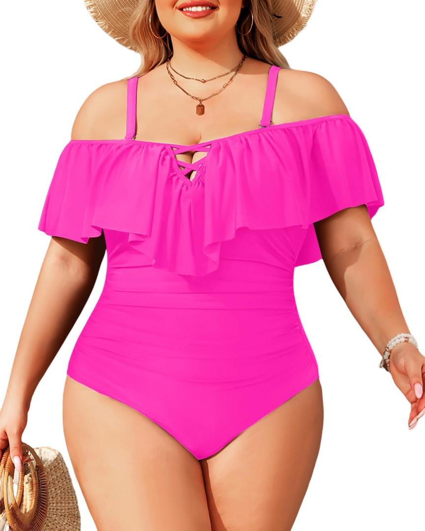Daci Women Plus Size One Piece Swimsuits Tummy Control Ruffle Off Shoulder Bathing Suits (XX-Large, Hot Pink)
