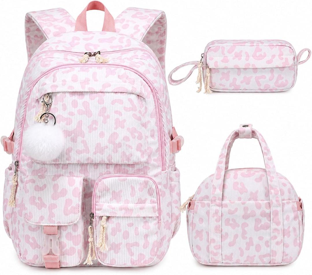 Backpack for Girls, 3PCS Corduroy Girls Schoolbag Set with Lunch Bag & Pencil Pouch, Lightweight Teen Girl Backpacks for Elementary Middle High School Bookbag Laptop Bag Travel Daypack