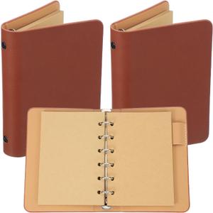PATIKIL 6 Ring Binder Cover, 2 Pack A7 Kraft Leather Notebook Binder Mini Refillable Loose Leaf Personal Planner with 50 Sheets Paper, Brown