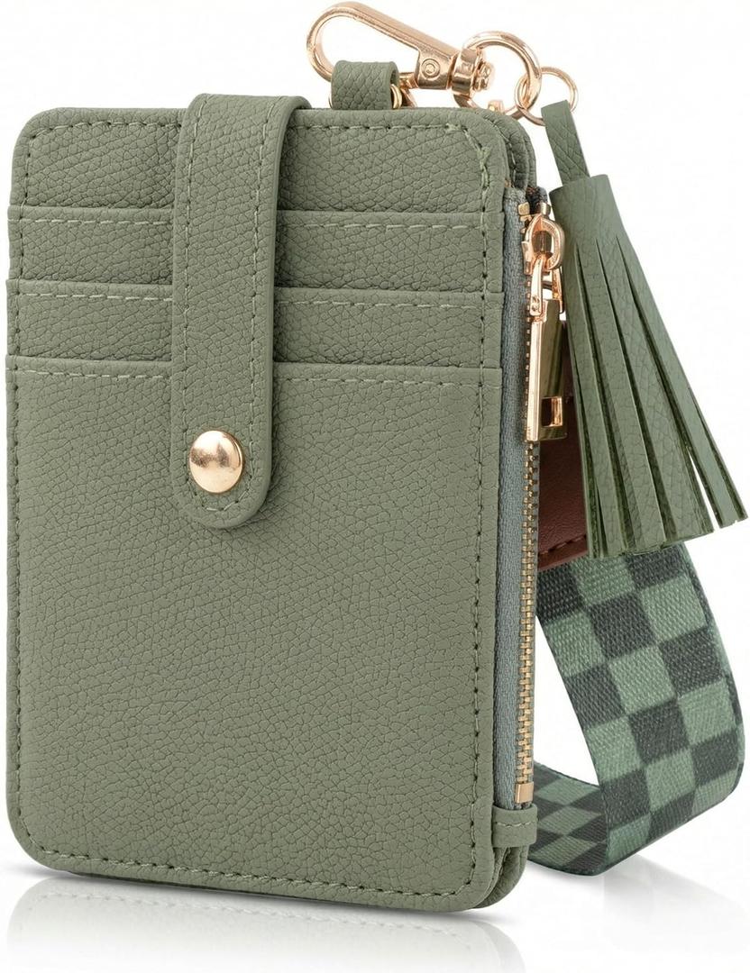 Stylish Wristlet Keychain Wallet for Women - Slim Design Credit Card Holder w/ Plenty of Storage incl. Clear ID Window & Zipper Pocket - Easy Carry RFID Blocking Wallet w/ Tassel, Lanyard & Gold Rings (Sage)