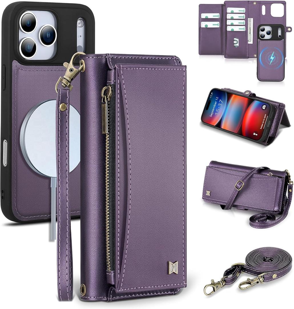 Wallet Case for iPhone 17 Pro Max with Card Holder/Crossbody Wallet/Strap,[RFID Blocking][Magnetic] PU Leather Phone Case for iPhone 17 Pro Max,6.9 in,Purple