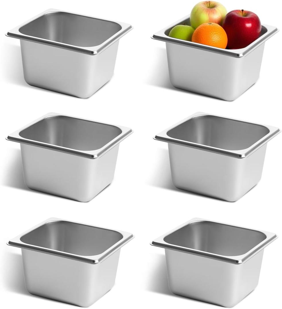 GOLDEN KEY 6 Pack Stainless Steel Hotel Pans, Anti-Jam Chafing Steam Table Pan1/6 Size 4 Inch Deep, Stainless Steel Food Storage Containers for Home, Party, Restaurant, Hotel, Buffet
