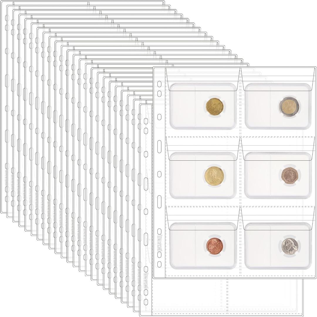 25 Sheets Coin Pocket Pages - 6 Pocket Standard 9-Hole 150 Pockets Inserts Collecting Sleeves for Coins [99mm X 93mm Each Pocket] CS0312506