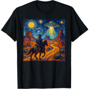 Surreal Space Cowboy UFO Alien Western Trippy Cosmic Art T-Shirt, Size: M