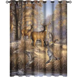 Rustic Cabin Deer Room Darkening Blackout Window Curtains with Grommets,Vintage Country Farmhouse Fall Forest Wildlife Pheasants Print Energy Efficient Window Treatment 2 Panels 54L x 21W