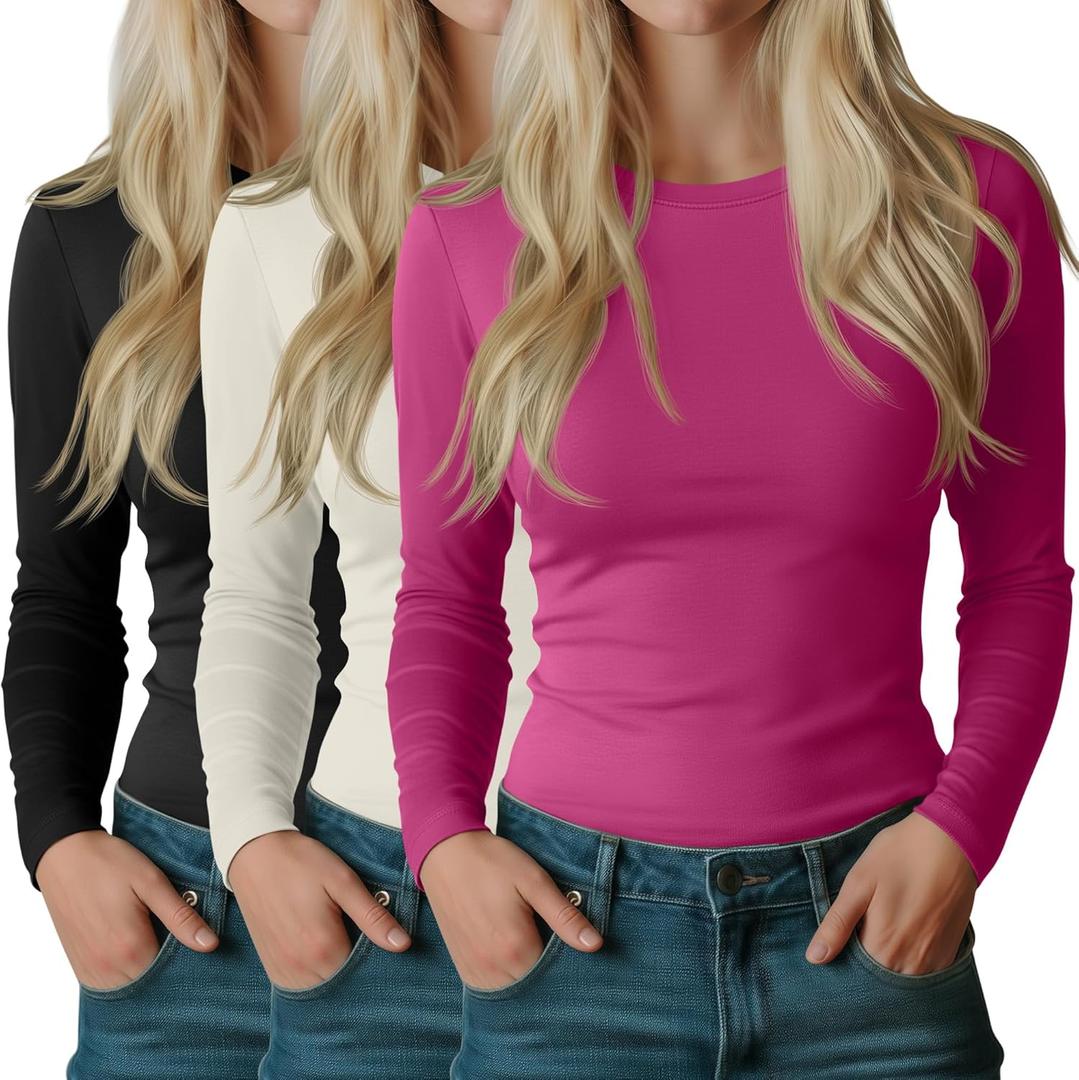 Riyiper 3 Pack Women's Long Sleeve Shirts Cotton Blend Crew Neck Slim Fit Tops Basic Layering Soft Casual Everyday Undershirt (Large, Rose Red, Cream White, Black)