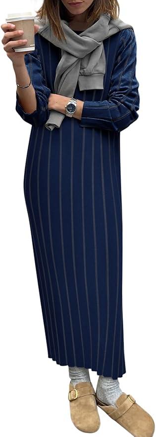Yousify Womens 2025 Trendy Spring Long Sleeve Sweater Dresses Casual Round Neck Split Hem Striped Midi Dress, Small