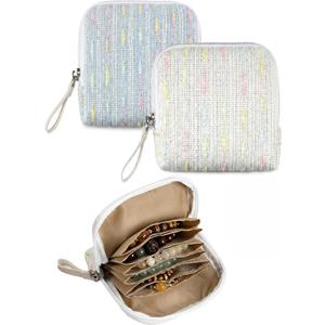 2 Pack Jewelry Organizer for Travel, Woven Jewelry Case Pouch with Zipper, Portable 6-Layer Storage Bag for Bracelets, Bangles, Necklaces, Earrings, Cute Gifts for Women Girls (Cream + Blue)