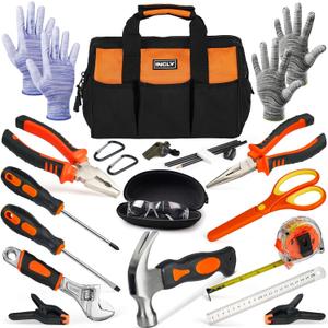 INCLY 24 PCS Real Tool Set with Tool Bag, Small Real Hand Tools Kit, Construction Learning Tools Hammer Screwdriver for Home DIY Building and Woodworking (Orange)