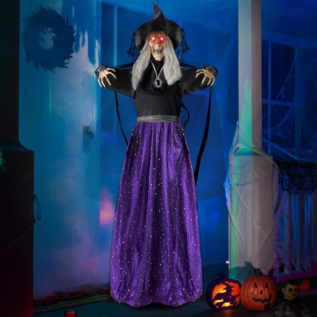 JOYIN 47 Animated Witch Halloween Decorations Outdoor Indoor, Scary Halloween Animatronics Decor, Hanging Ghost Talking Sound Activated Led Lights Eyes Haunted House Yard Garden Lawn