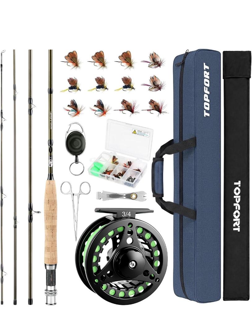 TOPFORT Fly Fishing Rod and Reel Combo Starter Kit, 4 Piece Lightweight Ultra-Portable Graphite Fly Rod Complete Starter Package with Carrier Bag, Large Color: 5/6# 2.43m 8FT Fly Fishing Rod and Reel Combo