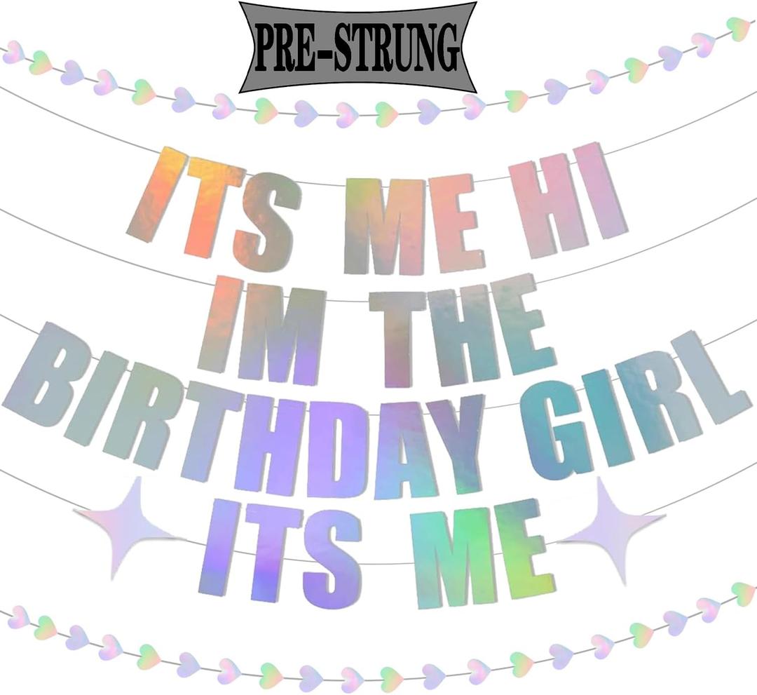 IT'S ME HI IM THE BIRTHDAY GIRL ITS ME Taylor Birthday Banner, Pre-Strung Iridescent Holographic Birthday Banner Sign with 2pcs Hanging Heart Shaped Streamers for Women Girl Party Gift Decoration