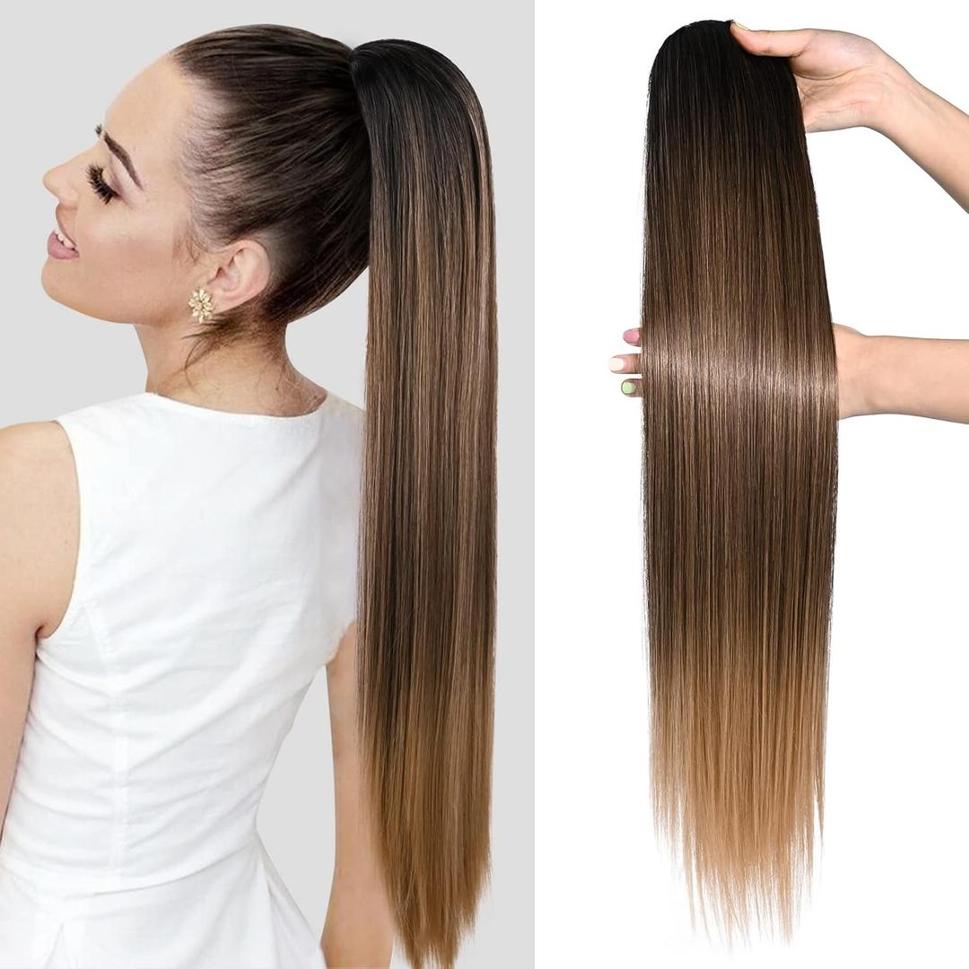 SEIKEA 28" Drawstring Ponytail Extension for Black Women Long Straight Fake Hair Natural Soft Clip in Hair Extensions Synthetic Heat Resistant Hairpiece Natural Black/Light Brown/Honey Blonde
