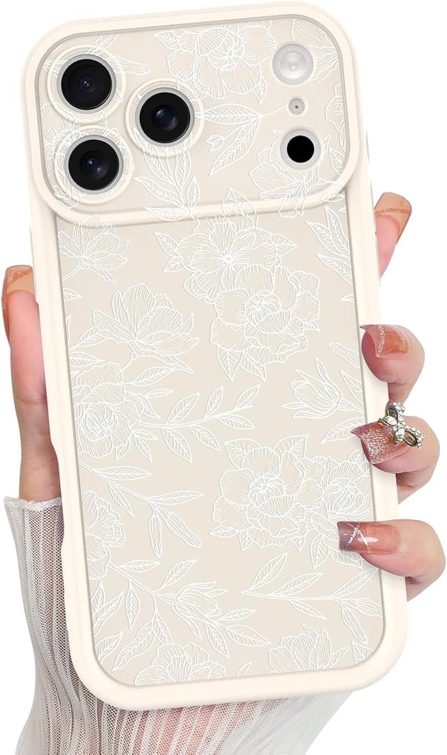 MZELQ for iPhone 17 Pro Case 2025 Case, Silicone Rose Floral Flower Cute Pattern, Camera Protection Soft Slim Shockproof for Girls Women -White
