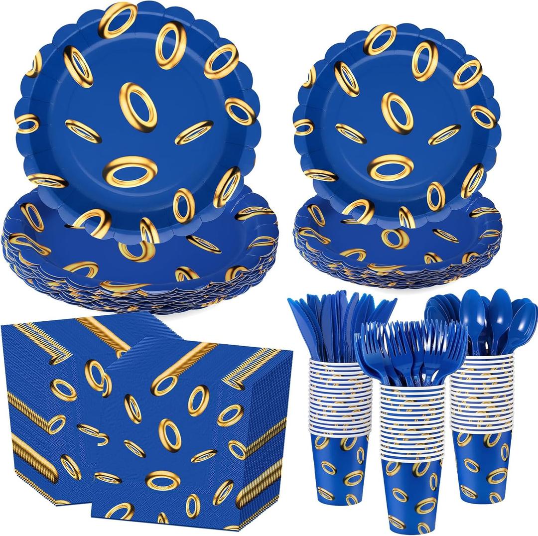 Zhehao 168 Pcs Video Game Party Decoration Cartoon Themed Blue Paper Plates Cup Napkin Knives Fork Spoon for Gaming Theme Birthday Party Disposable Supplies, Serve 24 Guest, Blue and Golden Rings
