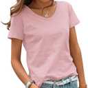 Women‘s Basic T-Shirts Short Sleeve,100% Lightweight Cotton,V Neck,Ladies Plain Soft Regular Loose Fit Workout Tees Tops for Women (Medium, Pink)