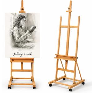 Falling in Art Large H-Frame Studio Artist Easel, Adjustable Beechwood Painting Easel Stand, Movable Floor Easel Holding Canvas up to 51 Inches, Natural