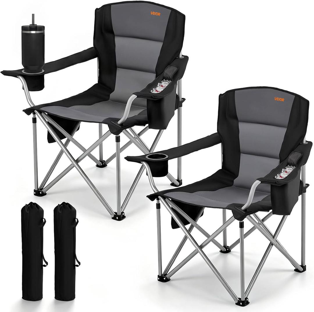 VEVOR Oversized Camping Folding Chair, Portable Heavy Duty Outdoor Quad Lumbar Back Padded with Side Pockets, Cup Holder and Cooler Bag for Beach, Lawn, Picnic, Fishing, Backpacking, 2 Pack