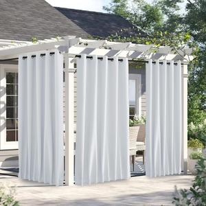 NICETOWN 2 Panels Outdoor Curtains Waterproof 90 inch Long for Patio, Windproof Top & Bottom Grommet & Back Tab Weighted Blackout Outdoor Drapes with Rope for Fixed, W66 x L90, Greyish White