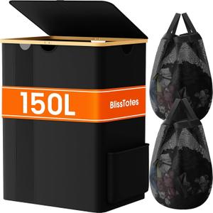 BlissTotes Laundry Basket with Lid, 150L Clothes Laundry Hamper with Handles and 2 Removable Laundry Bags, Breathable Design Hamper with Lid for Bedroom, Bathroom, Dorm, Laundry Room -Black