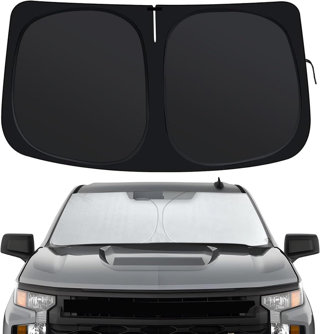 Windshield Sun Shade for Chevrolet Silverado 1500 2014-2025, Front Window Shades Custom Fit for Chevy Accessories, Foldable Car Sun Shield with Steering Wheel Sunshade to Block UV Keep Car Cool