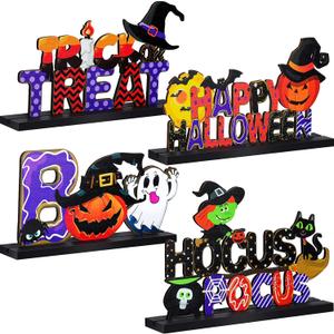 4 Pieces Happy Halloween Wooden Centerpiece Signs Halloween Table Decorations Happy Halloween Table Toppers with Witch Pumpkin Decor Halloween Decorations for Home Classroom Kitchen, 9 x 5 Inches