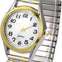 JewelryWe Women's Ultra Thin Easy Reader Watch with Elastic Strap Golden/Silver Tone Stretch Band Watches for Valentine's Day (gold-silver strap white dial - 6.5")