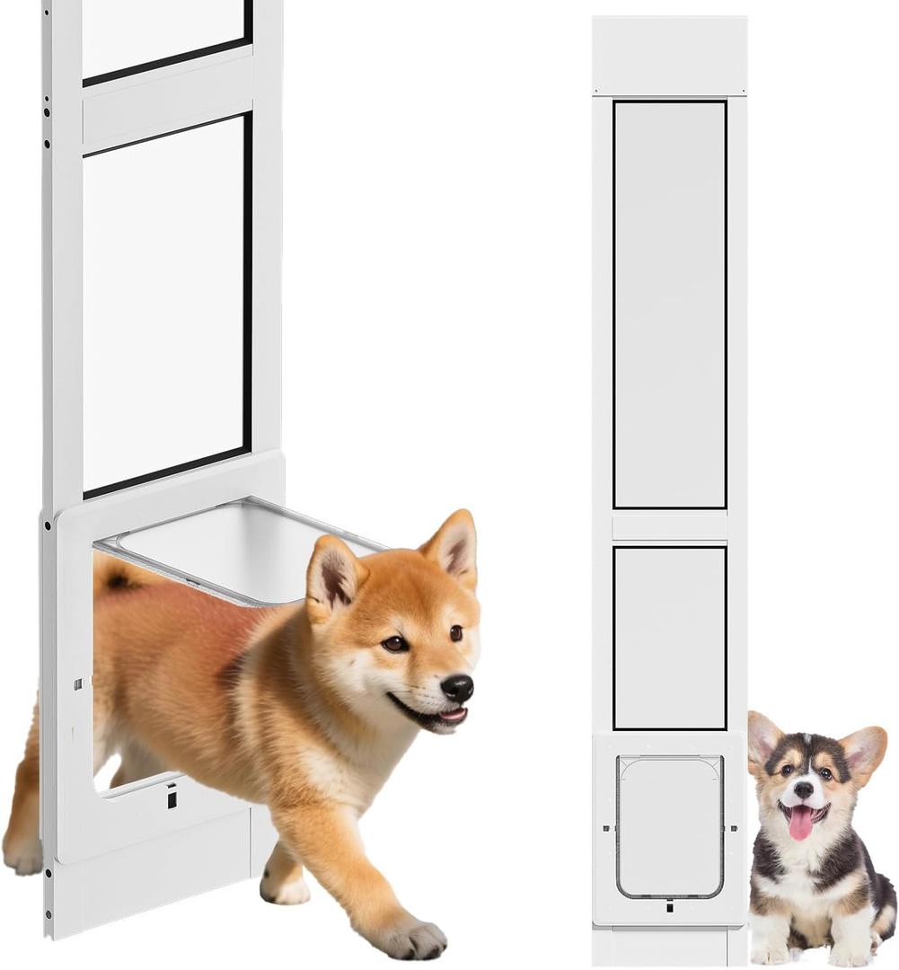 Dog Door for Sliding Glass Door with Magnetic Plastic Flat, Sliding Door Pet Doggie Door Insert with Lock, Adjustable Height No-Cut Required Doggy Door Access Renters, Apartments, Patio (White, Small)